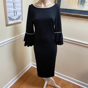 VENUS Classic Black Midi Dress w/Pearl Accents and Bell Sleeves - Sz Small
